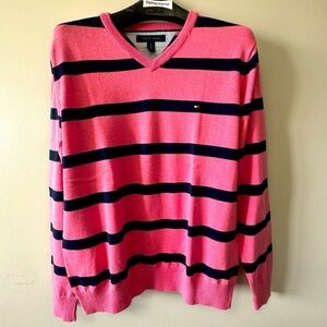 Tommy Hilfiger Men's Pink and Navy Striped Sweater